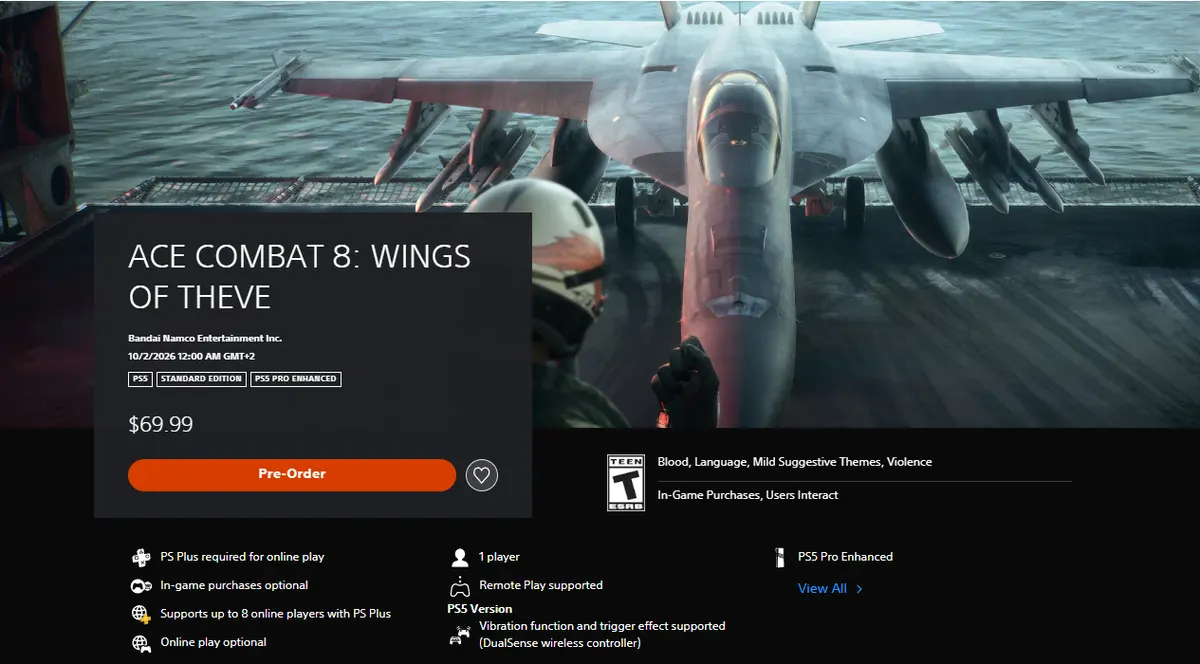 US PlayStation Store page for Ace Combat 8: Wings of Theve showing the release time 10/2/2026 12:00 AM GMT+2, a $69.99 Standard Edition pre-order, a PS5 Pro Enhanced badge, an ESRB Teen rating and support for up to 8 online players with PS Plus