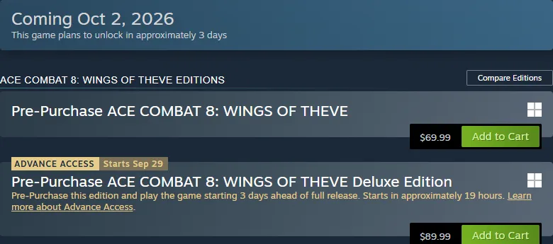 Steam purchase box for Ace Combat 8: Wings of Theve showing Coming Oct 2, 2026, the Standard pre-purchase at $69.99, and the Deluxe Edition at $89.99 with an Advance Access badge that says Starts Sep 29 and starts in approximately 19 hours