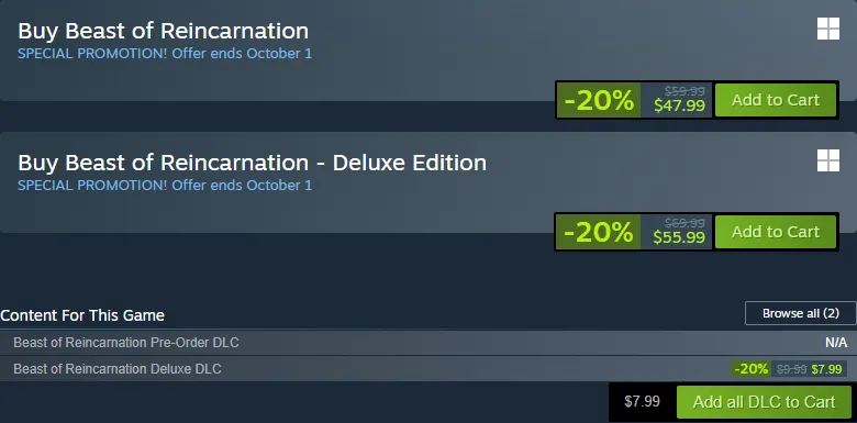Steam purchase box for Beast of Reincarnation showing a special promotion ending October 1, the Standard Edition at 47.99 dollars down from 59.99, the Deluxe Edition at 55.99 dollars down from 69.99, and the Deluxe DLC at 7.99 dollars while the Pre-Order DLC is listed as N/A