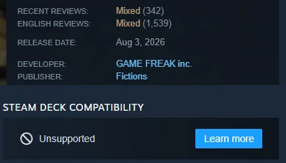 Two crops from the Beast of Reincarnation Steam page: recent reviews Mixed (342), English reviews Mixed (1,539), release date Aug 3 2026, developer GAME FREAK inc., publisher Fictions, and Steam Deck compatibility Unsupported