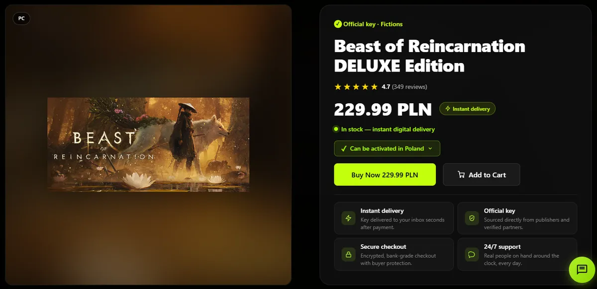 Virtwave product page for the Beast of Reincarnation Deluxe Edition PC key from publisher Fictions, showing 229.99 PLN, in stock with instant digital delivery, a Can be activated in Poland check, and Buy Now and Add to Cart buttons