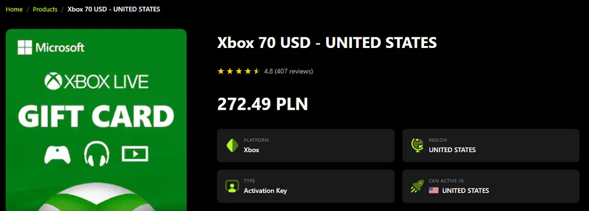 Virtwave product page for the Xbox 70 USD United States gift card, showing the region and activation country