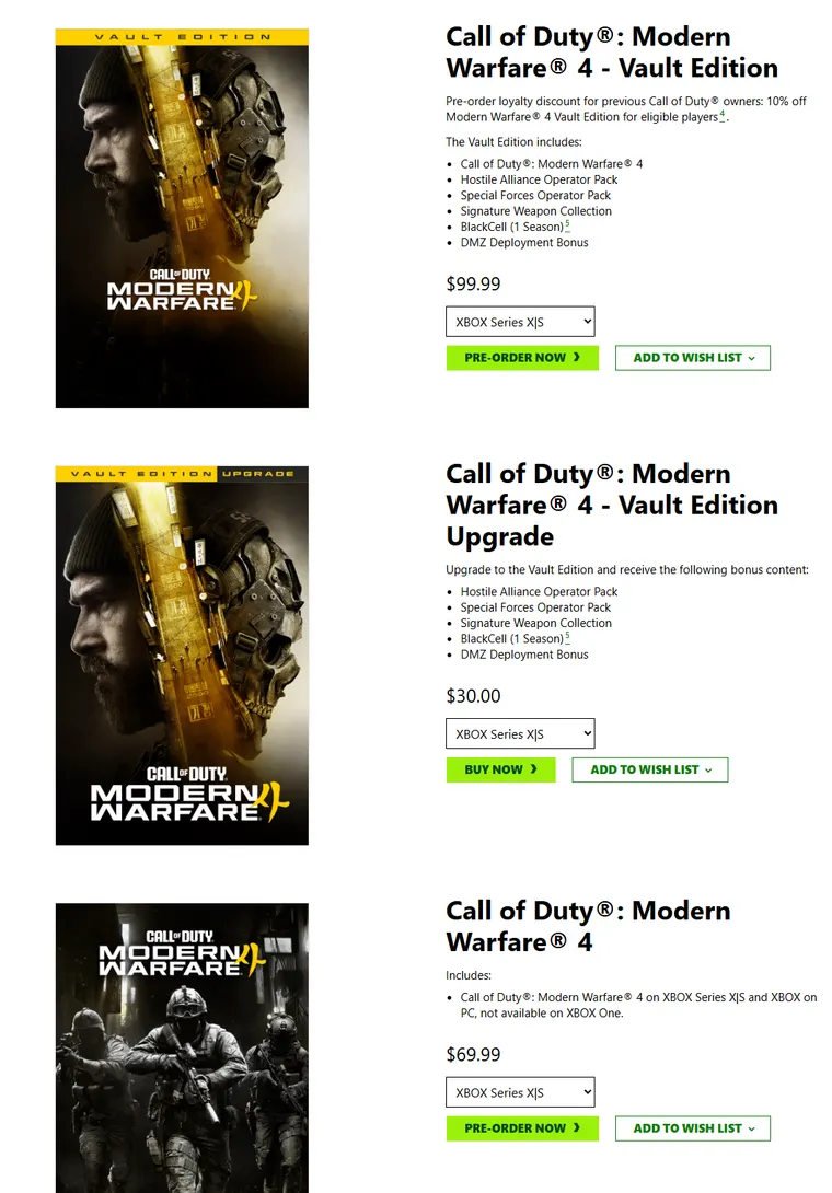 Xbox Store listing of Modern Warfare 4 Vault Edition at $99.99, Vault Edition Upgrade at $30.00 and Standard Edition at $69.99