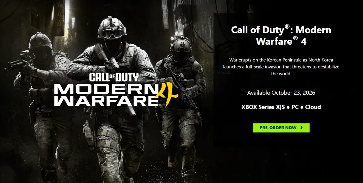 Xbox Store page for Call of Duty: Modern Warfare 4 reading Available October 23, 2026 on Xbox Series X|S, PC and Cloud