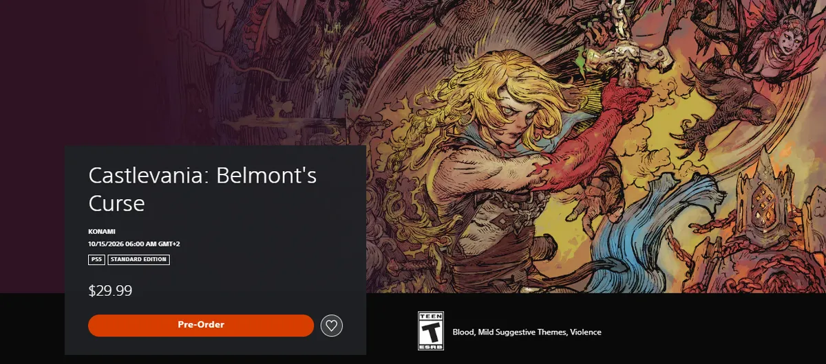 PlayStation Store listing for Castlevania: Belmont’s Curse showing publisher Konami, the unlock stamp 10/15/2026 06:00 AM GMT+2, a PS5 Standard Edition badge, the price 29.99 dollars, a Pre-Order button and an ESRB Teen rating