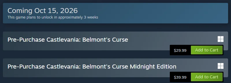 Steam purchase box reading Coming Oct 15, 2026, this game plans to unlock in approximately 3 weeks, with Pre-Purchase buttons for Castlevania: Belmont’s Curse at 29.99 dollars and the Midnight Edition at 39.99 dollars