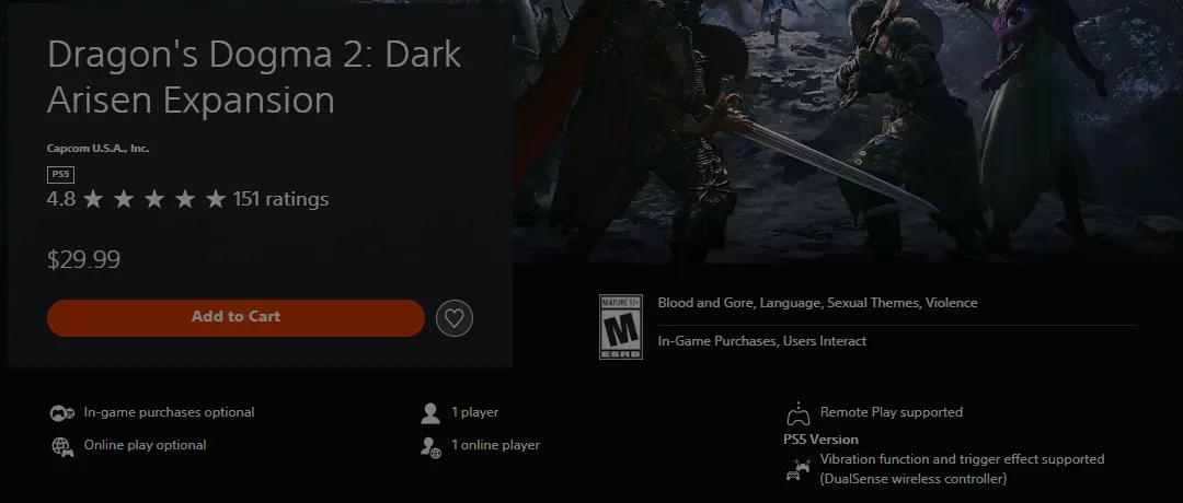 US PlayStation Store page for the Dragon’s Dogma 2: Dark Arisen Expansion on PS5 by Capcom U.S.A., showing a 4.8 star rating from 151 ratings, a price of $29.99, an Add to Cart button and an ESRB Mature 17+ rating