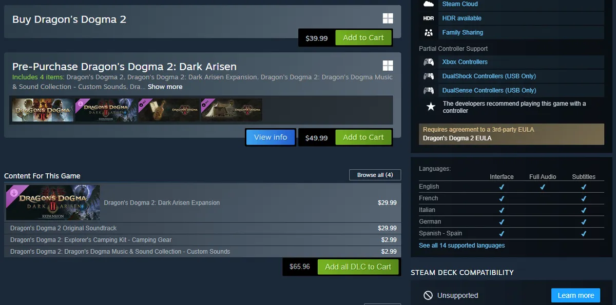 Steam store page for Dragon’s Dogma 2 showing the base game at $39.99, the Pre-Purchase Dragon’s Dogma 2: Dark Arisen bundle of four items at $49.99, the Dark Arisen Expansion DLC at $29.99, and Steam Deck compatibility marked Unsupported