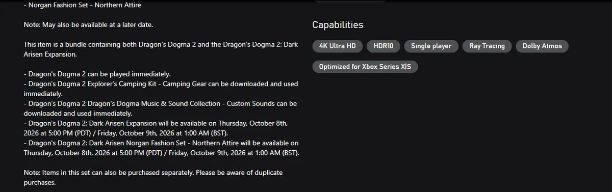 Xbox store description of the Dragon’s Dogma 2: Dark Arisen bundle, saying the base game can be played immediately and the expansion unlocks Thursday October 8th 2026 at 5:00 PM PDT / Friday October 9th at 1:00 AM BST, with a $49.99+ Buy button