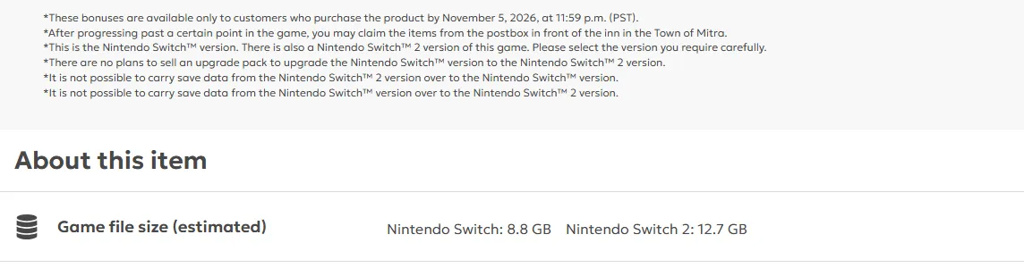 Publisher notes on the US Nintendo Store page for the Switch version of Final Fantasy Resonance: the early purchase bonus deadline of 5 November 2026, no plans for a Switch to Switch 2 upgrade pack, no save transfer in either direction, and estimated file sizes of 8.8 GB on Switch and 12.7 GB on Switch 2