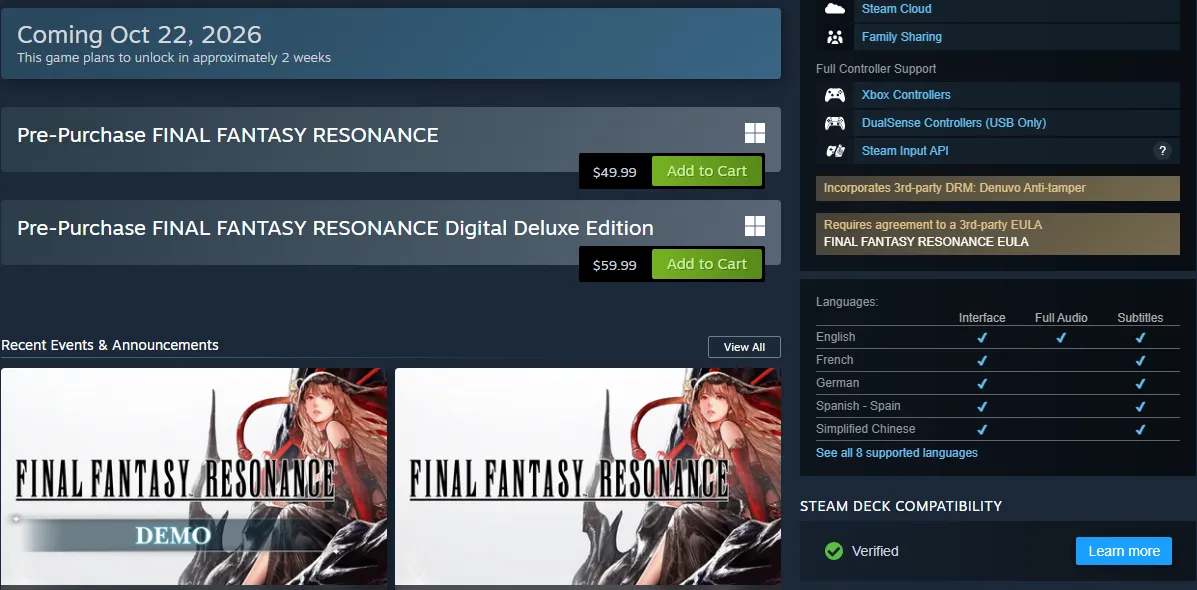 The Steam store page for Final Fantasy Resonance showing Coming Oct 22, 2026, pre-purchase buttons for the Standard Edition at $49.99 and the Digital Deluxe Edition at $59.99, a Denuvo Anti-tamper notice, the language table and a Steam Deck Verified badge