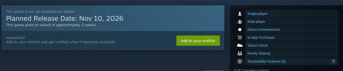 Steam store page for Football Manager 27 showing This game is not yet available on Steam, Planned Release Date: Nov 10, 2026, This game plans to unlock in approximately 2 weeks, an Add to your wishlist button, and features including single-player, multi-player, Steam Cloud, Family Sharing and in-app purchases