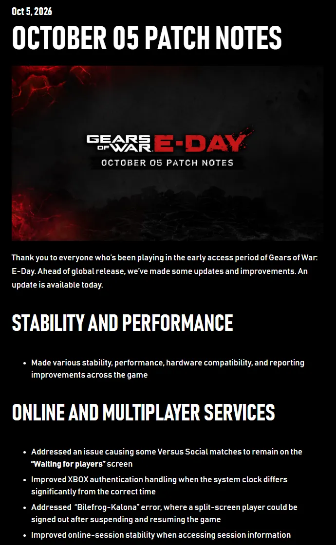 The October 05 Patch Notes page on gearsofwar.com, thanking early access players and listing stability, online and multiplayer, and campaign fixes