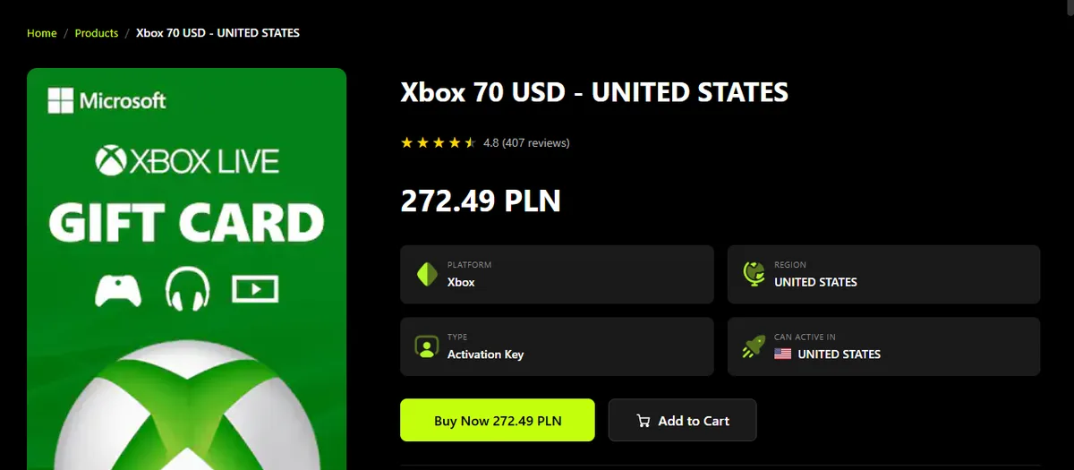 Virtwave product page for an Xbox 70 USD United States gift card, showing platform Xbox, region United States, type Activation Key and a can-activate-in United States line