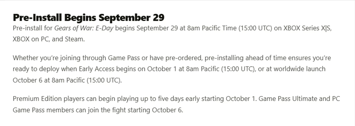 XBOX Wire article text reading: Pre-install for Gears of War: E-Day begins September 29 at 8am Pacific Time (15:00 UTC) on XBOX Series X|S, XBOX on PC, and Steam