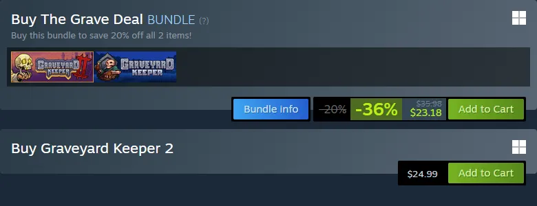 Steam purchase panel for Graveyard Keeper 2 showing The Grave Deal bundle at 36% off, $35.98 struck through and $23.18 final, above the single-game option at $24.99