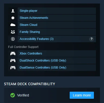 Steam features panel listing Single-player, Steam Achievements, Steam Cloud, Family Sharing, Accessibility Features and full controller support, with Steam Deck Compatibility marked Verified
