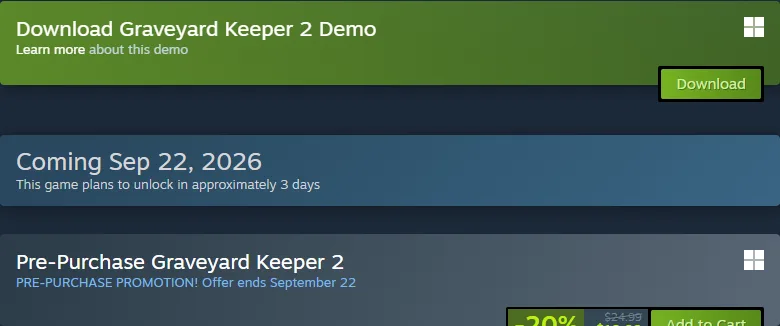 Steam store pre-purchase panel for Graveyard Keeper 2 showing Coming Sep 22 2026, a pre-purchase promotion ending September 22, and 20% off $24.99 down to $19.99