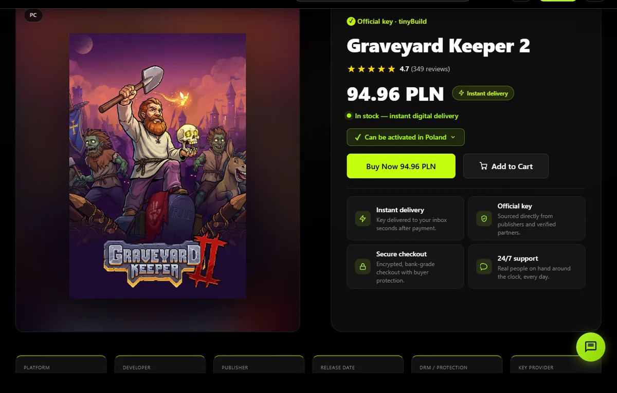 Virtwave product page for Graveyard Keeper 2 showing 94.96 PLN, in stock with instant digital delivery, an official tinyBuild key, and a badge reading Can be activated in Poland