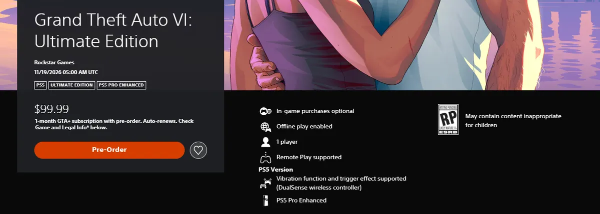 US PlayStation Store listing for Grand Theft Auto VI: Ultimate Edition showing Rockstar Games, the release stamp 11/19/2026 05:00 AM UTC, PS5 and PS5 Pro Enhanced badges, the price 99.99 dollars with a one-month GTA+ note, a Pre-Order button, and features including offline play enabled and 1 player