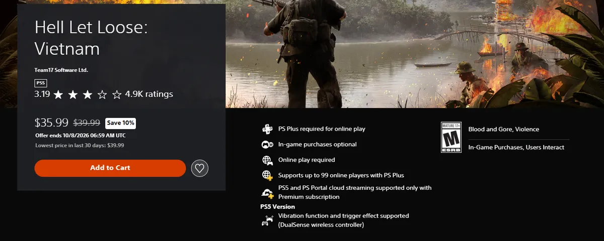 US PlayStation Store listing for Hell Let Loose: Vietnam by Team17 on PS5, rated 3.19 stars from 4.9K ratings, priced 35.99 dollars down from 39.99 dollars with a Save 10% badge, offer ending 10/8/2026 06:59 AM UTC, with PS Plus required for online play and an ESRB Mature 17+ rating