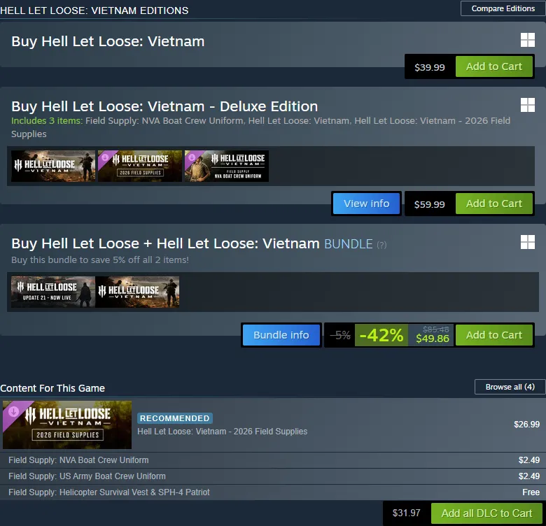 Steam purchase panel for Hell Let Loose: Vietnam showing the standard game at 39.99 dollars, the Deluxe Edition at 59.99 dollars including three items, and a Hell Let Loose plus Hell Let Loose: Vietnam bundle with a 5 percent bundle discount at 49.86 dollars, with the 2026 Field Supplies DLC at 26.99 dollars below