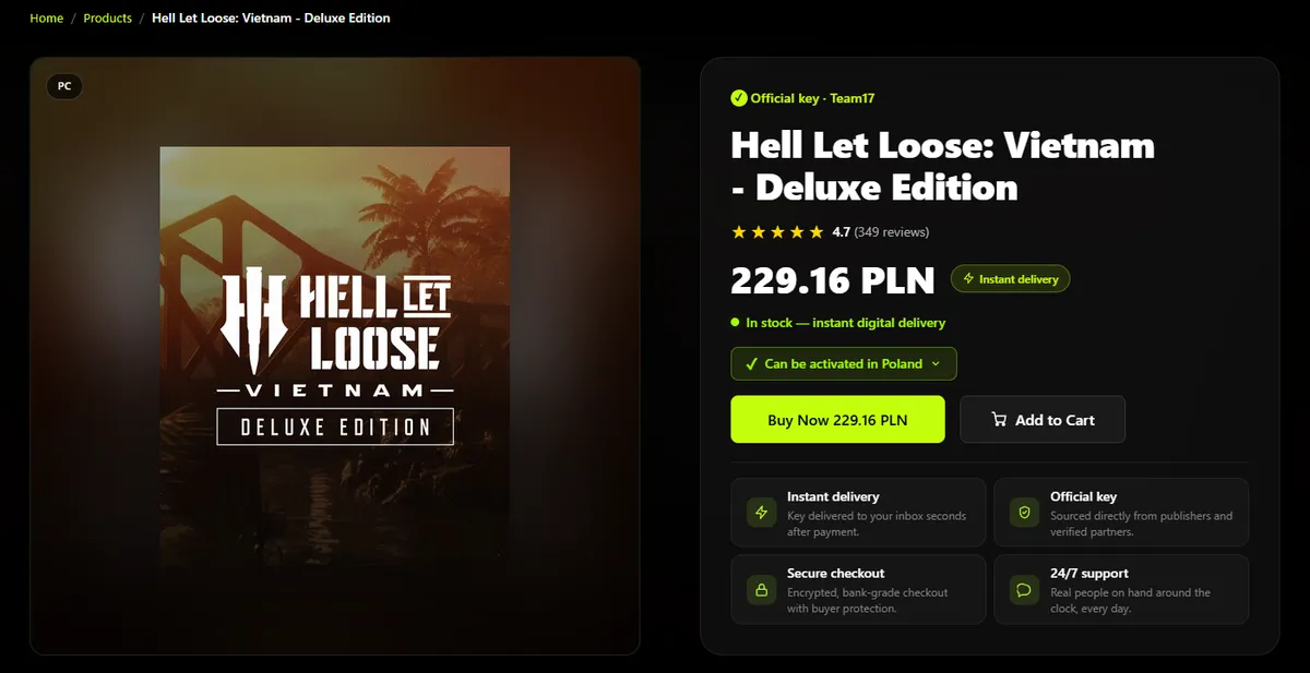 Virtwave product page for Hell Let Loose: Vietnam Deluxe Edition, labelled Official key Team17 and PC, showing 229.16 PLN, In stock instant digital delivery, a Can be activated in Poland check, and Buy Now and Add to Cart buttons