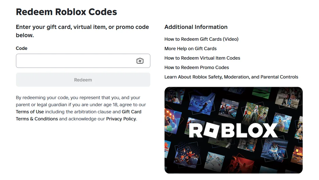 The Roblox Redeem Roblox Codes page, with one code box and a Redeem button, and links to help on gift cards, virtual items and promo codes