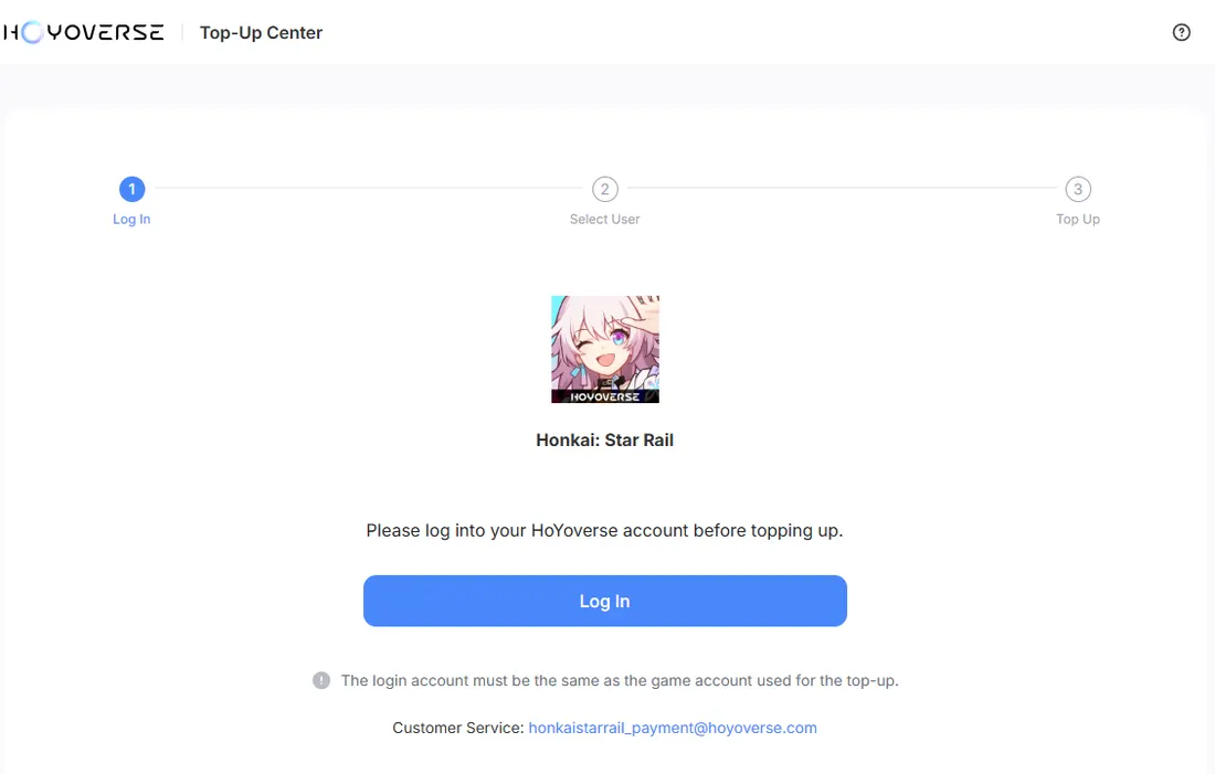 The HoYoverse Honkai: Star Rail Top-Up Center start page showing the three steps Log In, Select User and Top Up