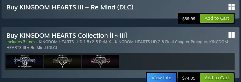 Steam purchase boxes showing Kingdom Hearts III plus Re Mind for 39.99 dollars and a bundle named Kingdom Hearts Collection I to III, including three items, for 74.99 dollars