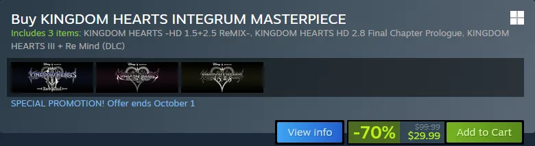Steam purchase box for Kingdom Hearts Integrum Masterpiece listing all three included collections, a special promotion ending October 1, and a 70 percent discount taking 99.99 dollars down to 29.99 dollars
