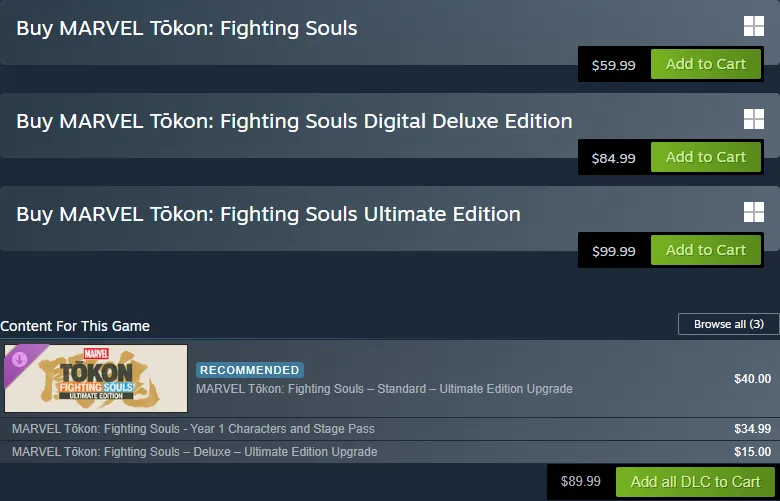 Steam purchase box for MARVEL Tōkon: Fighting Souls listing the standard game at 59.99 dollars, the Digital Deluxe Edition at 84.99 dollars and the Ultimate Edition at 99.99 dollars, with DLC below: Standard to Ultimate upgrade 40 dollars, Year 1 Characters and Stage Pass 34.99 dollars, Deluxe to Ultimate upgrade 15 dollars