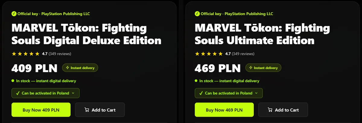 Virtwave product pages for MARVEL Tōkon: Fighting Souls Digital Deluxe Edition at 409 PLN and Ultimate Edition at 469 PLN, each marked Official key, PlayStation Publishing LLC, in stock with instant digital delivery and Can be activated in Poland