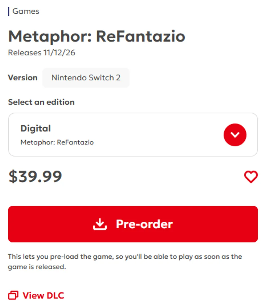 Nintendo US store listing for Metaphor: ReFantazio on Nintendo Switch 2, showing Releases 11/12/26, the digital Standard Edition at $39.99 and a Pre-order button that enables pre-loading