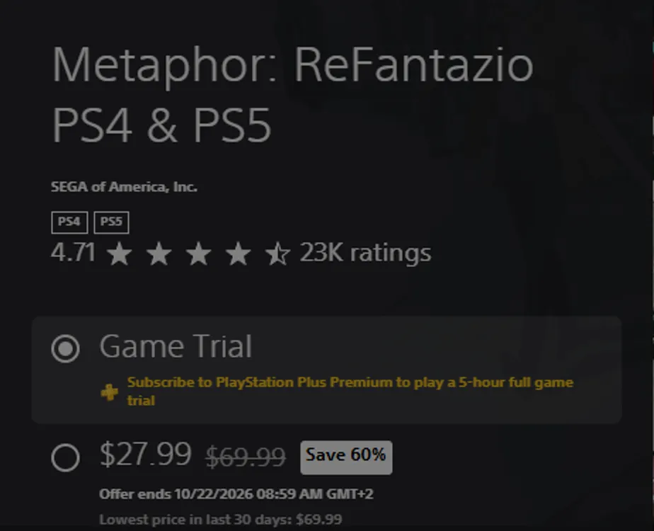 US PlayStation Store panel for Metaphor: ReFantazio PS4 and PS5 showing $27.99, down from $69.99, Save 60%, offer ends 22 October 2026, and a 4.71 rating from 23K ratings