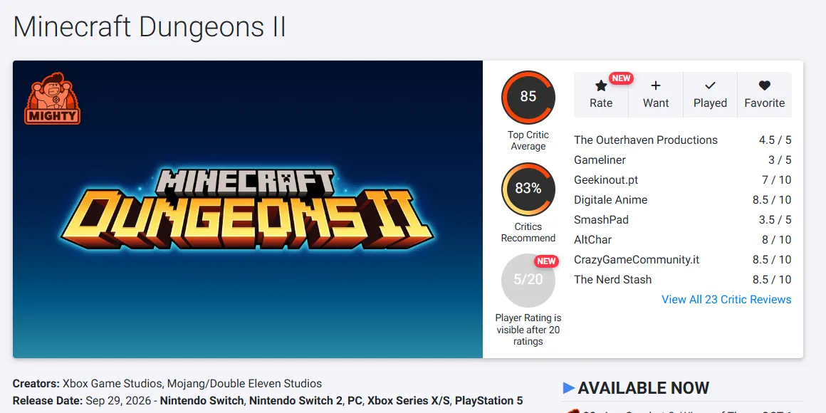 OpenCritic page for Minecraft Dungeons II showing an 85 Top Critic Average, 83% Critics Recommend, the Mighty badge and a list of review scores