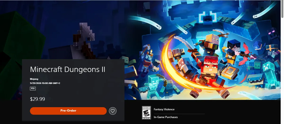 PlayStation Store US page for Minecraft Dungeons II showing the release time 9/29/2026 10:00 AM GMT+2, the PS5 tag and a $29.99 pre-order price