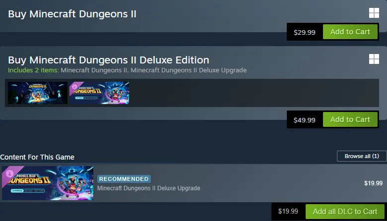 Steam purchase box for Minecraft Dungeons II after launch: Standard $29.99, Deluxe Edition $49.99 including the Deluxe Upgrade, and the Deluxe Upgrade DLC on its own for $19.99
