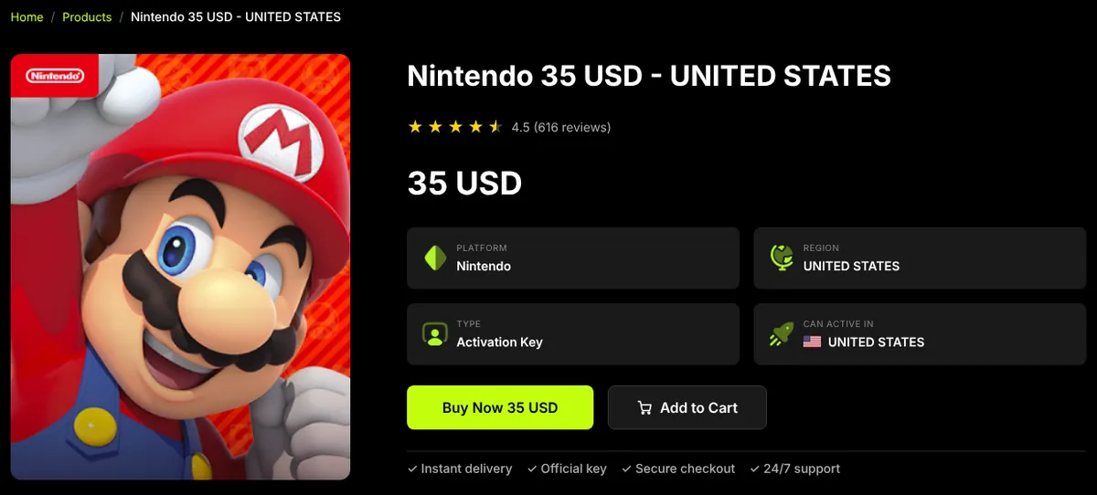 Virtwave product page for the Nintendo 35 USD United States eShop card: platform Nintendo, region United States, type activation key, can activate in United States, Buy Now 35 USD