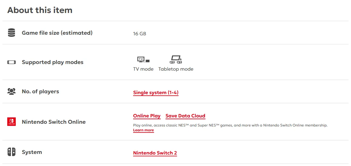 The About this item panel on the US Nintendo Store page for Nintendo Switch Sports Resort: estimated game file size 16 GB, supported play modes TV mode and Tabletop mode, number of players single system 1 to 4, Nintendo Switch Online features Online Play and Save Data Cloud, system Nintendo Switch 2