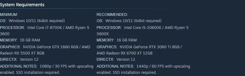 Phantom Blade Zero system requirements table from Steam showing minimum specs of Windows 10 or 11, Intel Core i7-8700K or Ryzen 5 3600, 16 GB RAM and a GTX 1660 6GB, and recommended specs of an i5-10600K or Ryzen 5 5600X with an RTX 3060 Ti 8GB