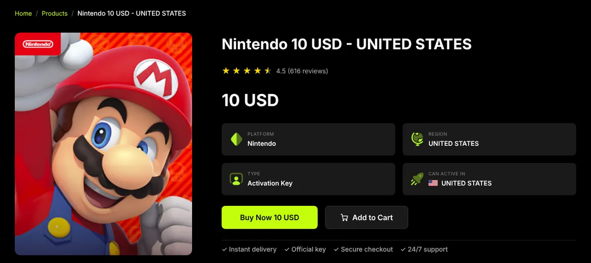 Virtwave product page for the Nintendo 10 USD United States eShop card: platform Nintendo, region United States, type activation key, can activate in United States, Buy Now 10 USD