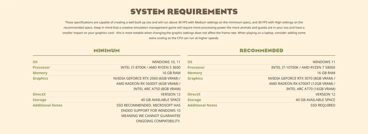 Official Planet Zoo 2 system requirements table from Frontier showing minimum specs of Windows 10 or 11, Intel i7-8700K, 16 GB RAM and an RTX 2060, and recommended specs of Windows 11, i7-10700K, 16 GB RAM and an RTX 3070 with an SSD required