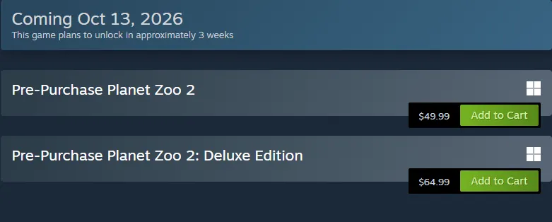 Steam store pre-purchase panel for Planet Zoo 2 showing Coming Oct 13 2026, Pre-Purchase Planet Zoo 2 at 49.99 dollars and Pre-Purchase Planet Zoo 2 Deluxe Edition at 64.99 dollars