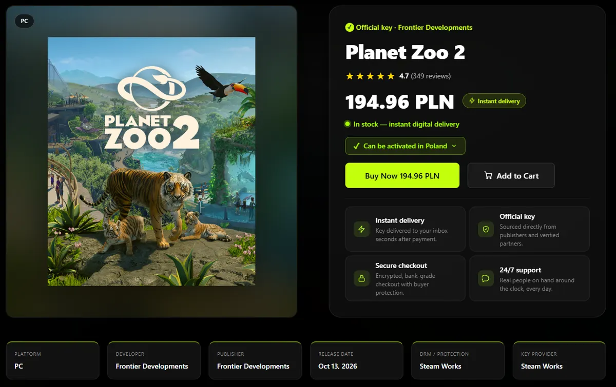 Virtwave product page for Planet Zoo 2 showing an official Frontier Developments Steam key, in stock with instant digital delivery