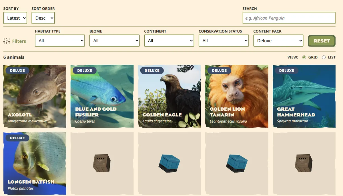 Frontier’s Planet Zoo 2 Zoopedia filtered by Content Pack Deluxe, showing 6 animals: axolotl, blue and gold fusilier, golden eagle, golden lion tamarin, great hammerhead and longfin batfish, each with a Deluxe badge