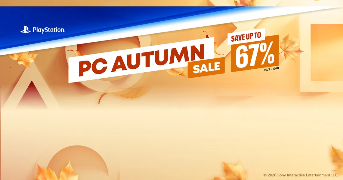 Sony’s official PlayStation PC Autumn Sale 2026 header: the PlayStation logo and a “PC Autumn Sale, save up to 67%, 10/1 - 10/8” lockup over a pale orange background of autumn leaves and PlayStation shapes