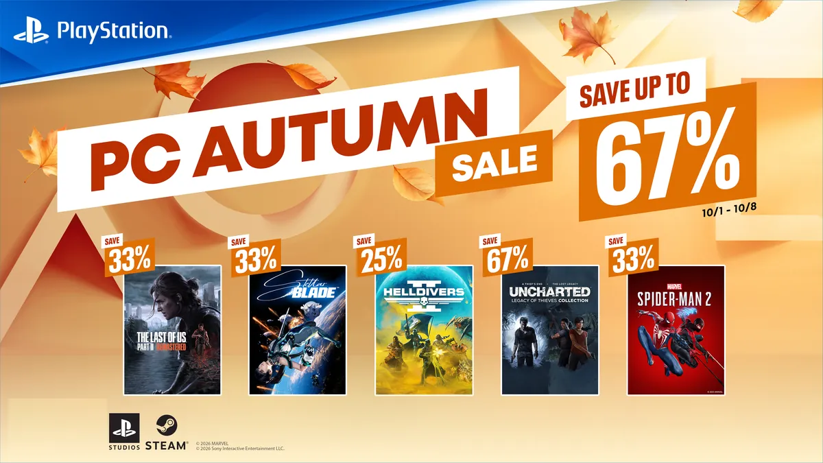 Sony’s official PlayStation PC Autumn Sale key visual: the PlayStation logo, the words PC Autumn Sale, save up to 67%, 10/1 - 10/8, and five game covers with discount badges: The Last of Us Part II Remastered save 33%, Stellar Blade save 33%, HELLDIVERS 2 save 25%, UNCHARTED: Legacy of Thieves Collection save 67% and Marvel’s Spider-Man 2 save 33%, above the PlayStation Studios and Steam logos