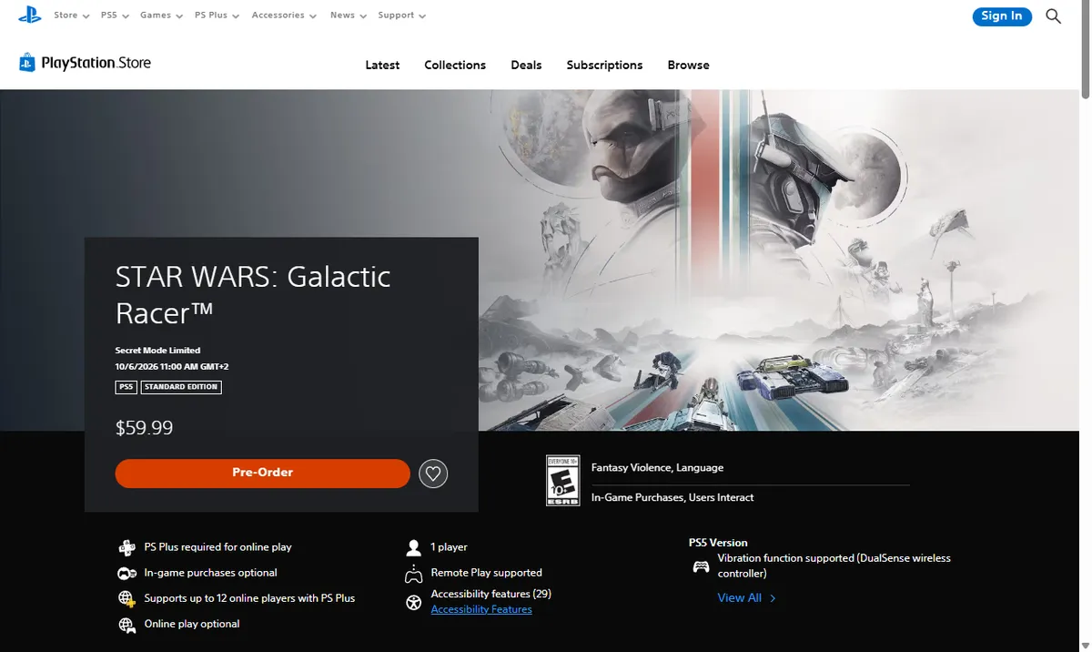 US PlayStation Store page for Star Wars: Galactic Racer showing the release time 10/6/2026 11:00 AM GMT+2, a $59.99 pre-order price, an ESRB Everyone 10+ rating and support for up to 12 online players with PS Plus