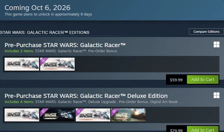 Steam pre-purchase box for Star Wars: Galactic Racer showing Coming Oct 6, 2026, the Standard Edition at $59.99 with the pre-order bonus and the Deluxe Edition at $79.99 with the Deluxe Upgrade and Digital Art Book